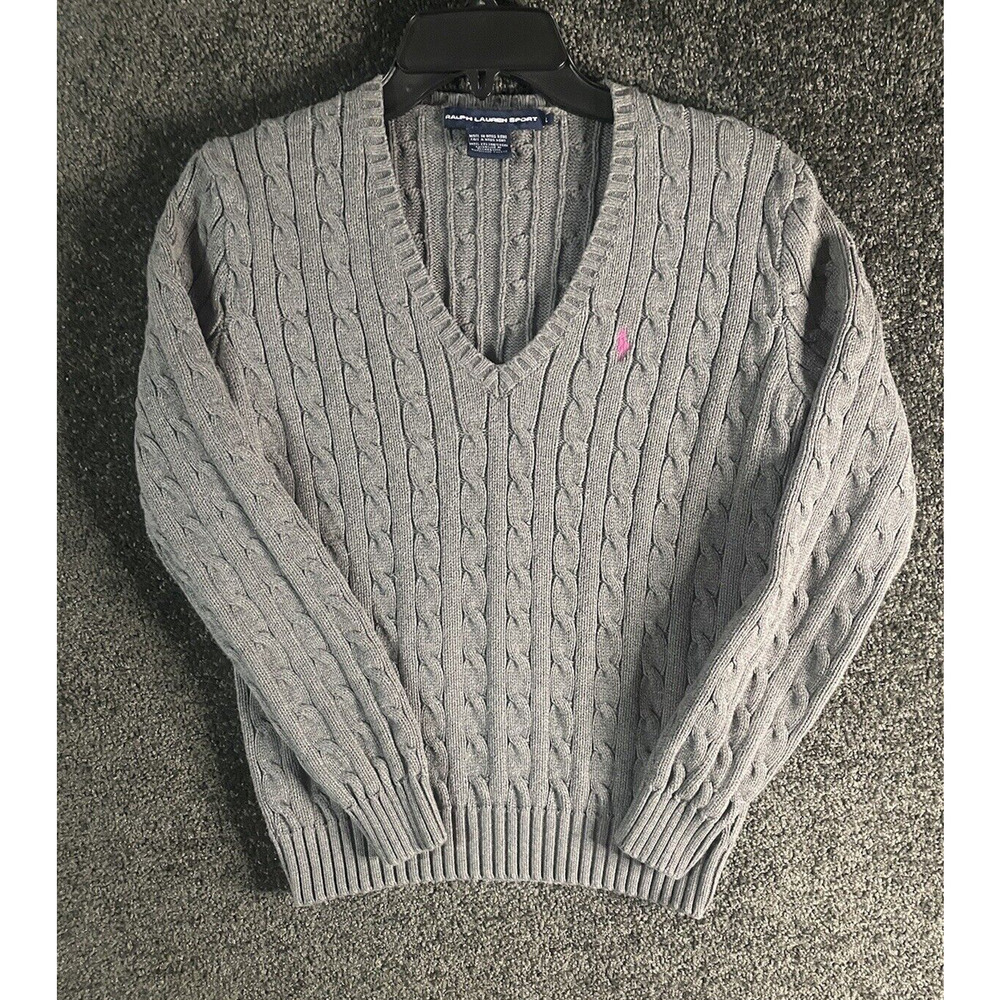 Ralph Lauren Sport V-neck Gray Cable Knit Sweater Sz Large Casual Preppy